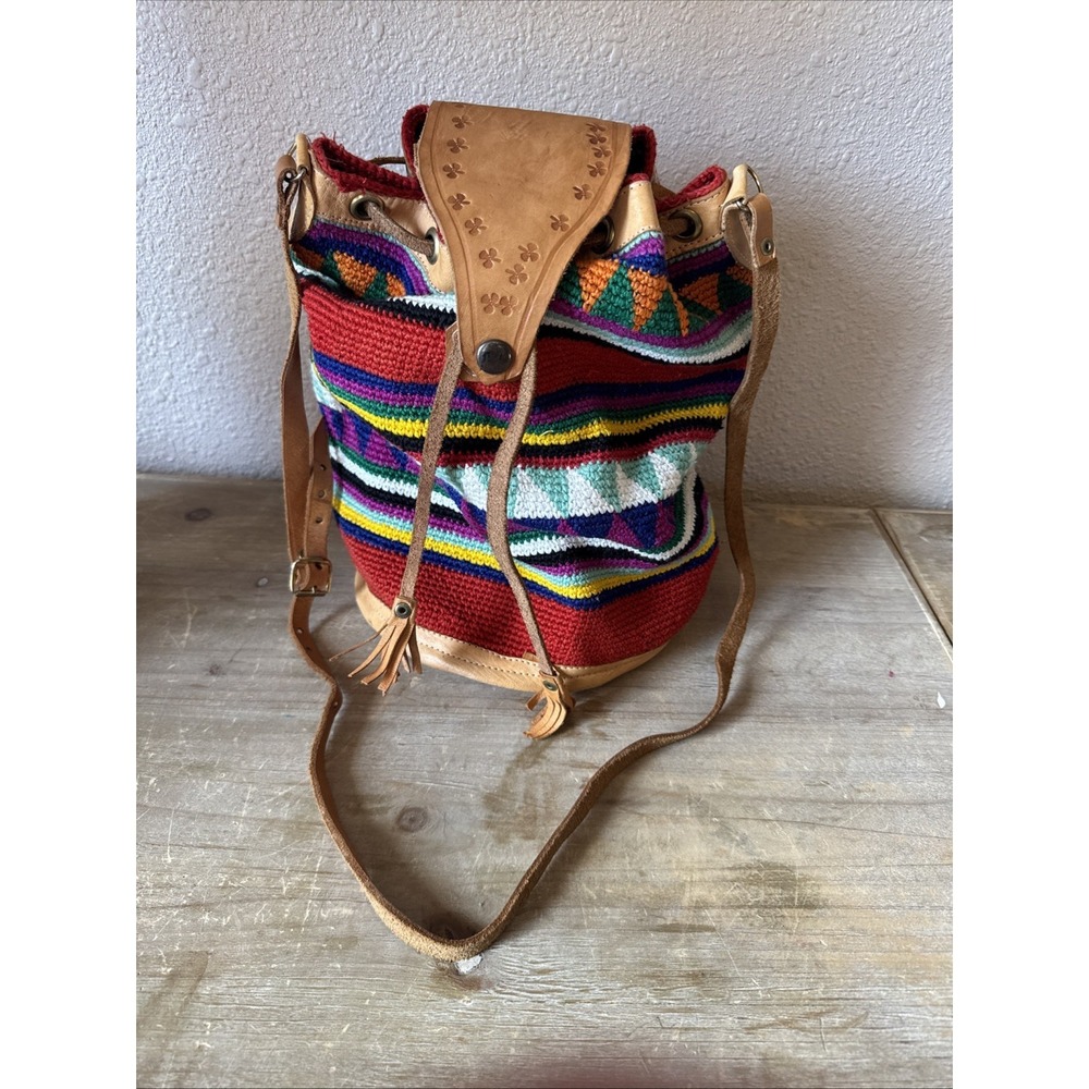 Y2K Hand Loomed Aztec Tapestry Tan Leather Barrel Handbag Boho Festival